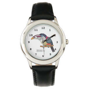 Cartoonillustratie van krulkuifaraçari-vogel horloge