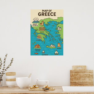 Cartoonkaart van Griekenland – Geïllustreerde Land Poster