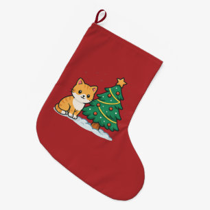 Cartoonkat bij Kerstboom Besneeuwde Sticker Grote Kerstsok