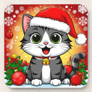 Cartoonkat met kerstmuts en kerstdecoratie bier onderzetter
