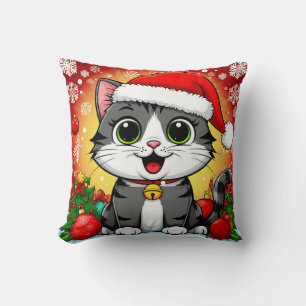 Cartoonkat met kerstmuts en kerstdecoratie kussen