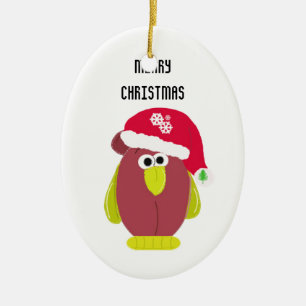 Cartoonkip in een kerstmuts keramisch ornament
