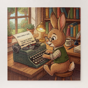 Cartoonkonijn typt op een retro schrijfmachine legpuzzel