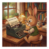 Cartoonkonijn typt op een retro schrijfmachine