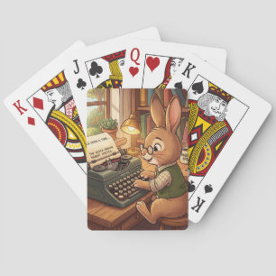 Cartoonkonijn typt op een retro schrijfmachine pokerkaarten
