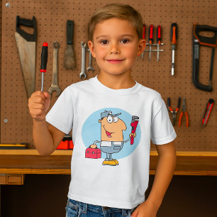 Cartoonloodgieter met pijptang en gereedschapskist t-shirt