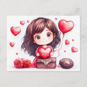Cartoonmeisje houdt romantische Valentijnsdag Hart Briefkaart