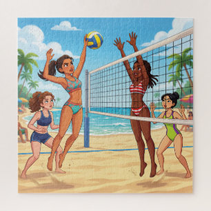 Cartoonmeisjes die strandvolleybal spelen legpuzzel