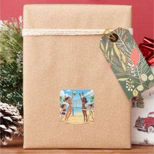 Cartoonmeisjes die strandvolleybal spelen vierkante sticker