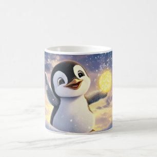 cartoonpinguïn in een besneeuwd landschap, met een koffiemok