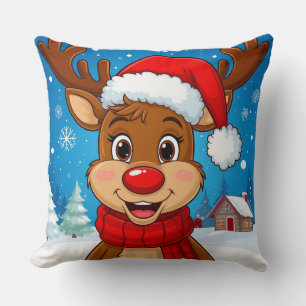 Cartoonrendier Met Kerstmanhoed Kussen