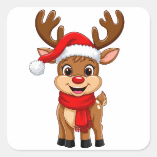 Cartoonrendier Met Kerstmannenhoed Vierkante Sticker