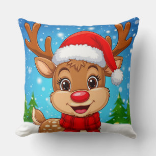 Cartoonrendier met kerstmuts kussen