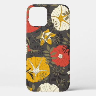cartoons bladeren en bloemen op een donkere achter iPhone 12 hoesje