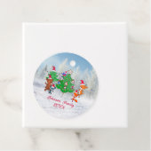 Cartoons dansen rond de kerstboom bedankjes labels (In situ)