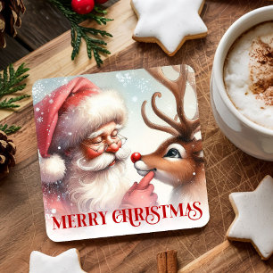 Cartoonstijl Cute Sinterklaas en Rudolph Papieren Vierkante Kartonnen Onderzetter