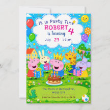 Cartoonthema roze varkens uitnodiging. Kinderfeest