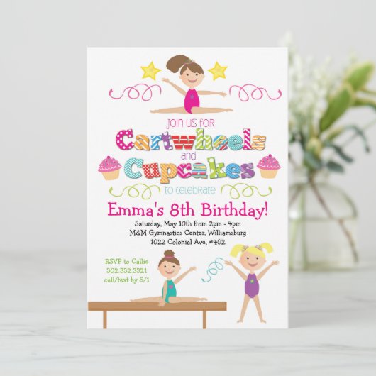 Cartwheels & Cupcakes Gymnastics Birthday Party Kaart (Staand voorkant)