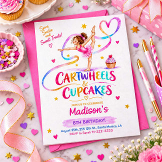 Cartwheels & Cupcakes Turnen Invitatie Kaart