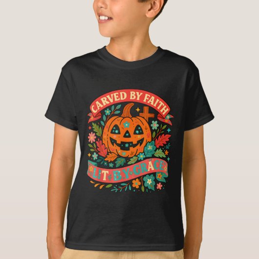 Carved By Faith Lit Grace Cute Fall Pumpkin T-shirt (Voorkant)