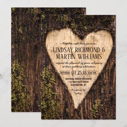 Carved Heart Country Rustic Tree Wedding Kaart (Voorkant / Achterkant)