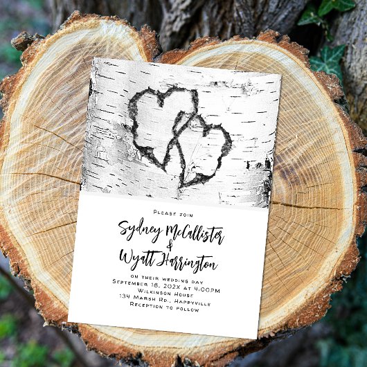 Carved Hearts White Birch Bark Wedding Kaart