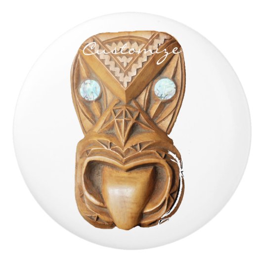 Carved Maori Tiki Face Thunder_Cove Keramische Knop (Voorkant)