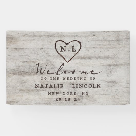 Carved Sweethearts Rustic Birch Wedding Welcome Spandoek (Horizontaal)