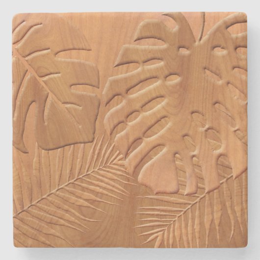 Carved Wood Foliage Faux Print Stenen Onderzetter (Voorkant)