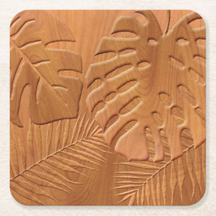Carved Wood Foliage Faux Print Vierkante Kartonnen Onderzetter
