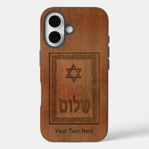 Carved Wood Shalom iPhone 16 Hoesje