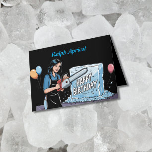 Carving met kettingzaag in ijs verjaardag kaart