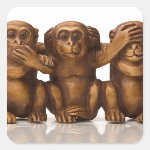 Carving of three wooden monkeys vierkante sticker