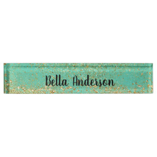 Cascadend Gouden Glitter & Teal Aqua Glam Trendy Naambordje