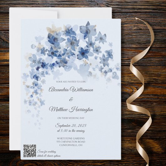 Cascading Blue Flowers QR Code Bruiloft Kaart