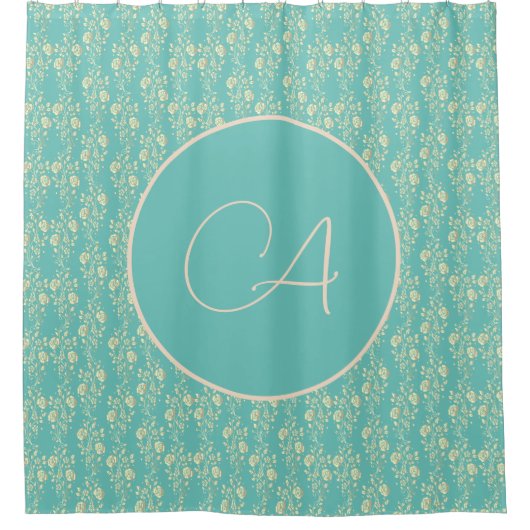 Cascading Gold Flowers op Blauwgroen Monogram Douchegordijn (Voorkant)