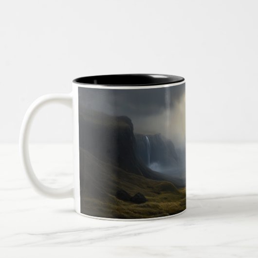 Cascading Light: Mountain Waterval Landschap Tweekleurige Koffiemok (Links)