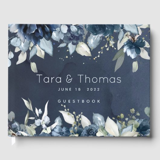 Cascading Pioenen Bruiloft Navy Blauw Gastenboek (Voorkant)