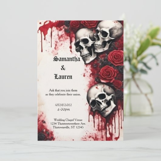 Cascading Skulls en Rozen Gothic Bruiloft Kaart (Staand voorkant)