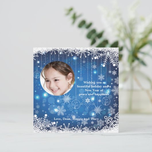 Cascading Snowflakes Photo Holiday Card Feestdagenkaart (Staand voorkant)