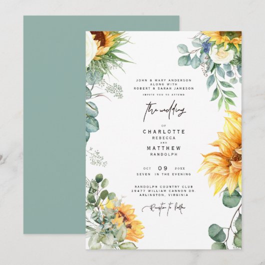 Cascading Sunflower Greenery Sage Wedding Invitati Kaart (Voorkant / Achterkant)