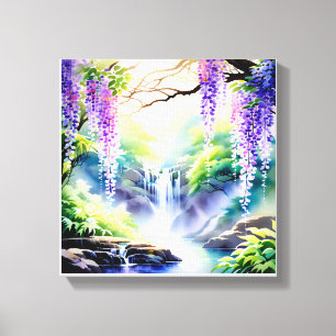 Cascading waterval onder Amethist bloeit Canvas Afdruk