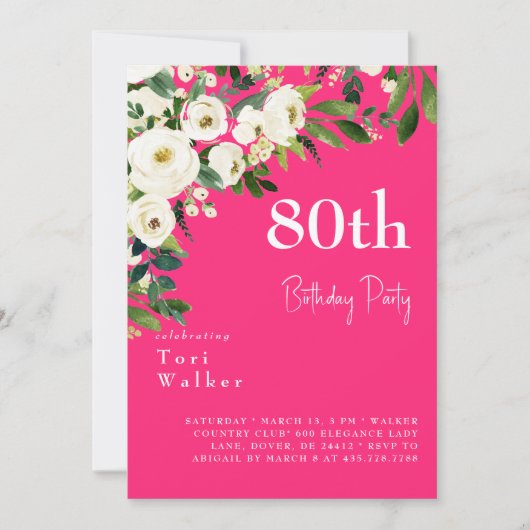 Cascading Witte Bloemen Heet Roze 80ste Verjaardag Kaart (Voorkant)