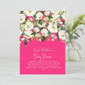 Cascading Witte Bloemen Heet Roze Baby shower Kaart (Staand voorkant)
