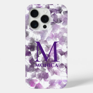 Coque iPhone 15 Pro Abstrait Floral Girly Purple Blanc Monogramme Nom