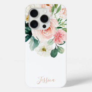 Coque iPhone 15 Pro Aquarelle rose pâle Floral avec votre nom