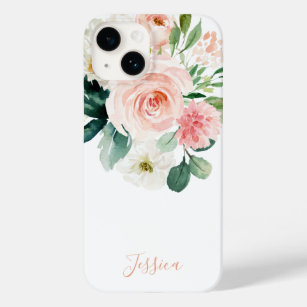 Coque Pour iPhone 14 Aquarelle rose pâle Floral avec votre nom