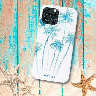 Coque iPhone 15 Pro Aquarelle Tropical Turquoise Palmiers