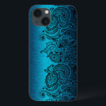 Case-Mate iPhone Case Bleu Aqua Métallurgique Avec Dentelle Paisley Noir<br><div class="desc">Aquarellerie bleu marine design métallique en aluminium brossé avec dentelle en cachemire floral noir.</div>
