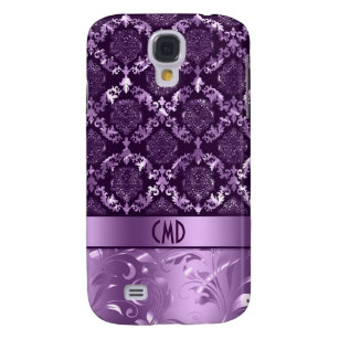 Coque Galaxy S4 Élégant noir et métal violet Damas & dentelle C